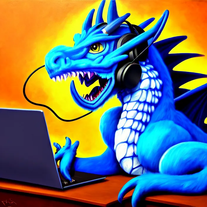 Prompt: a photorealistic painting of an anthropomorphic blue western dragon wearing headphones, laptop, oil on canvas, furry, soft lighting