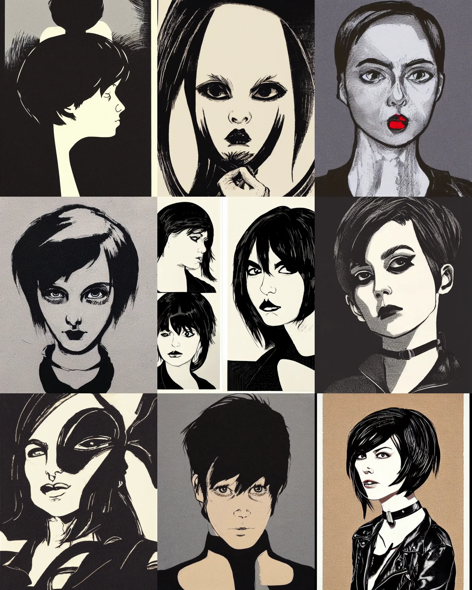 Prompt: A silkscreen print portrait. Her hair is dark brown and cut into a short, messy pixie cut. She has a slightly rounded face, with a pointed chin, large evil eyes with entirely-black sclerae!!!!!!, and a small nose. She is wearing a black leather jacket, a black knee-length skirt, a black choker, and black leather boots.