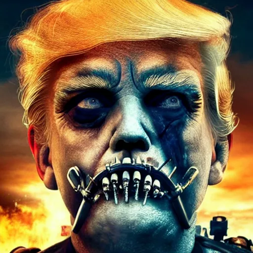 Image similar to Donald Trump as Immortan Joe, mad max fury road, detailed, 4k