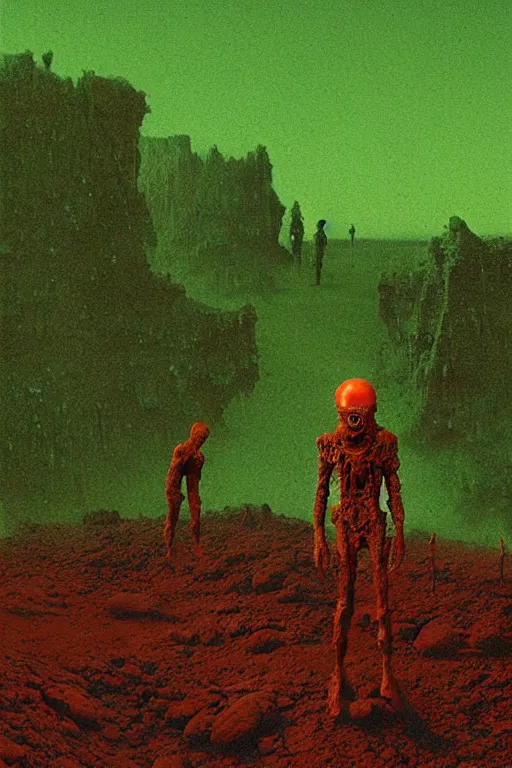 Image similar to glowing green alien crystals irradiating zombie infested, orange and red martian wasteland, survival post - apocalyptic, curiosity rover, beksinski, dark sci - fi