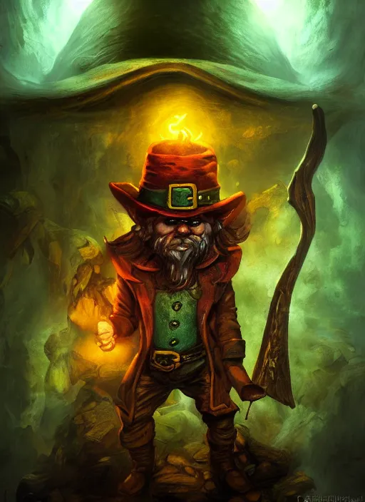 Image similar to A fantasy comic book style portrait painting of a leprechaun in a atmospheric dark dungeon, unreal 5, DAZ, hyperrealistic, octane render, RPG portrait, ambient light, dynamic lighting