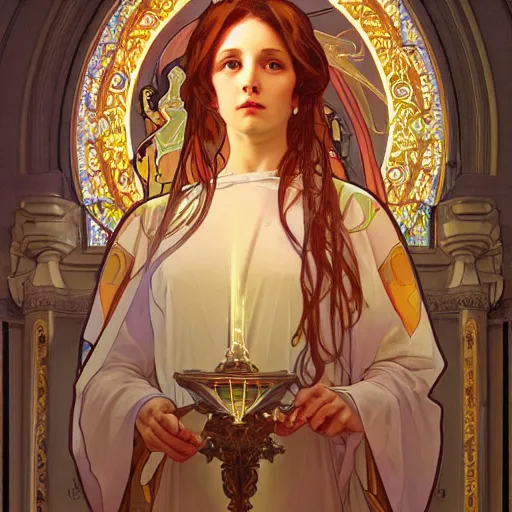 Image similar to a Portrait of A goddess in a church with a holy light emanating from her body by greg rutkowsk and alphonse mucha,In style of digital art illustration.WLOP.hyper detailed,smooth, sharp focus,trending on artstation,4k