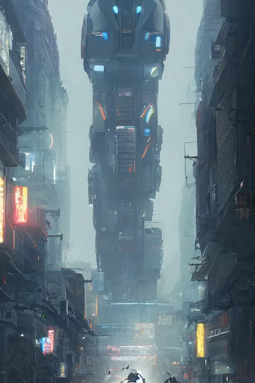 Image similar to a portrait of a robot in the middle foreground walking in the street of a sci-fi city by Greg Rutkowski, Sung Choi, Mitchell Mohrhauser, Maciej Kuciara, Johnson Ting, Maxim Verehin, Peter Konig, final fantasy , mythical, 8k photorealistic, cinematic lighting, HD, high details, atmospheric,