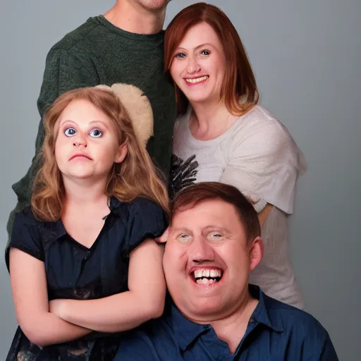 Prompt: family portrait studio of ugly family big eyes bad awful teeth and smile, horrible scary family laughter by Douggy Pledger
