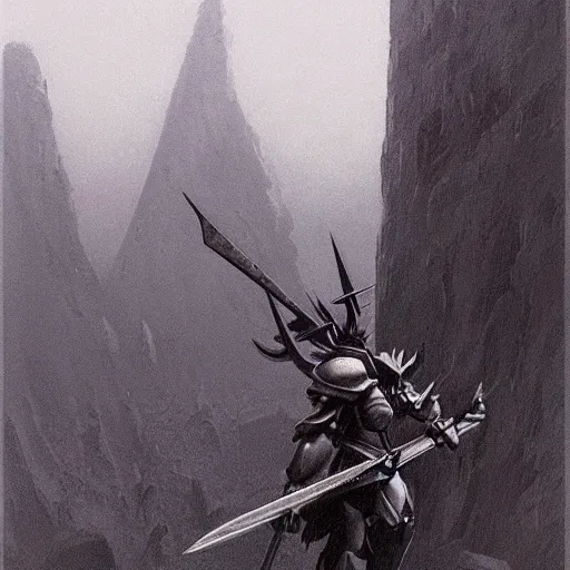 Image similar to concept art of omegamon, sword for left arm and a cannon for right arm, fantasy, valley, heavy fog, zdzislaw beksinski