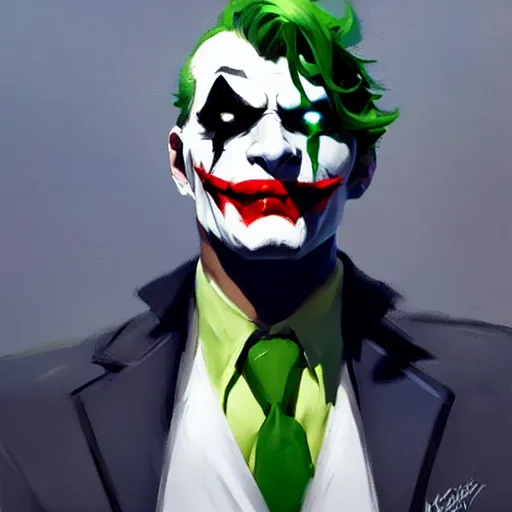 Image similar to Greg Manchess portrait painting of Joker as Overwatch character, medium shot, asymmetrical, profile picture, Organic Painting, sunny day, Matte Painting, bold shapes, hard edges, street art, trending on artstation, by Huang Guangjian and Gil Elvgren and Sachin Teng