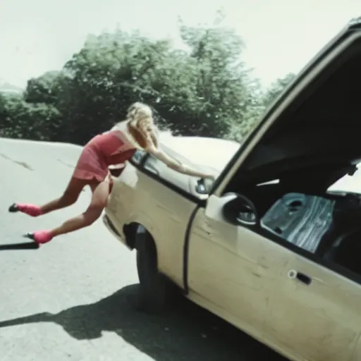 Prompt: A photo of a hundred-foot tall giantess crushing a car with her foot