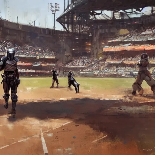 Image similar to the mandalorian, baseball game setting, by craig mullins, jeremy mann, jeremy mann.