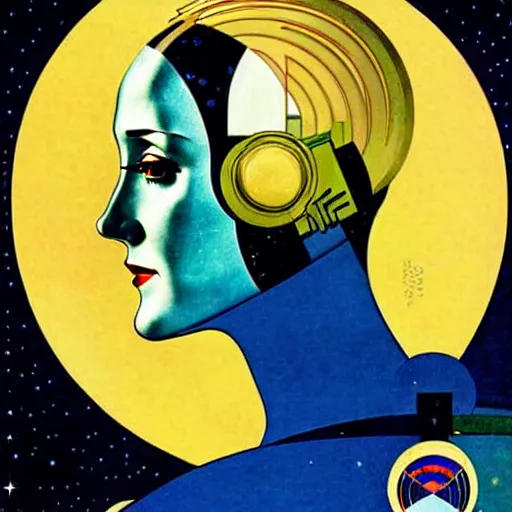 Image similar to art by coles phillips, eva green as a french astronaut from the year 2 5 0 0, blonde hair, blue makeup, green eyes, shiny helmet, mucha, kandinsky, art deco, dark deco,