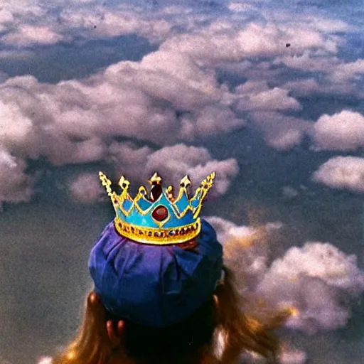 Prompt: Kirby wearing a crown and looking down at a city from the clouds