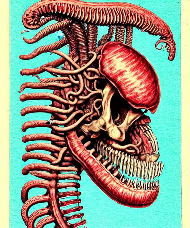 Prompt: hyper-detailed color pencil antique medical illustration of Kaiju head cross-section, nautilus brain, ribcage, xhenomorph, with tentacles coming out of open mouth and exposed jaw bone, spinal column, cerebral corpus callosum, cerebellar peduncle, interventricular foramen, symmetrical