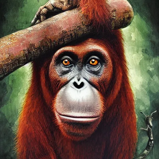 Image similar to Orangutan as a grumpy Libarian in Hogwarts, School of Witchcraft and Wizardry, detailed, hyperrealistic, colorful, cinematic lighting, digital art, illustration from a Harry Potter book by Paul Kidby and Jim Kay