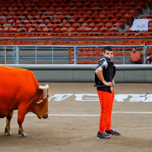 Image similar to bull wearing orange inmate clothes in a bullring stadium in pamplona