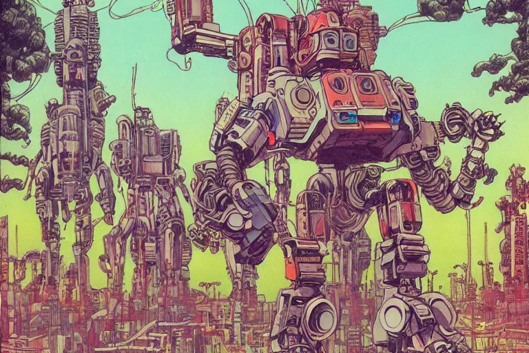 Prompt: gigantic man head, a lot of exotic vegetation around, trees, tremendous mecha robot, flowers, risograph!, oldschool vintage sci - fi flat surreal design, super - detailed, painting by moebius and satoshi kon and jodorowski