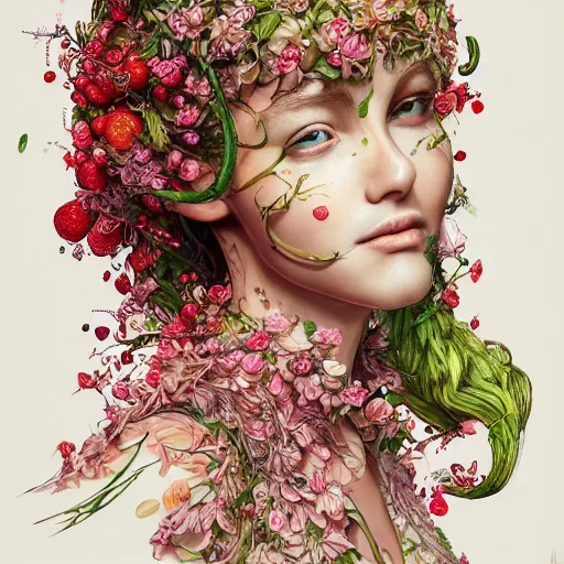 Image similar to the portrait of an absurdly beautiful, graceful, elegant, young woman made of strawberries and green petals, an ultrafine hyperrealistic detailed illustration by kim jung gi, irakli nadar, intricate linework, bright colors, octopath traveler, final fantasy, angular, unreal engine 5 highly rendered, global illumination, radiant light, detailed and intricate environment