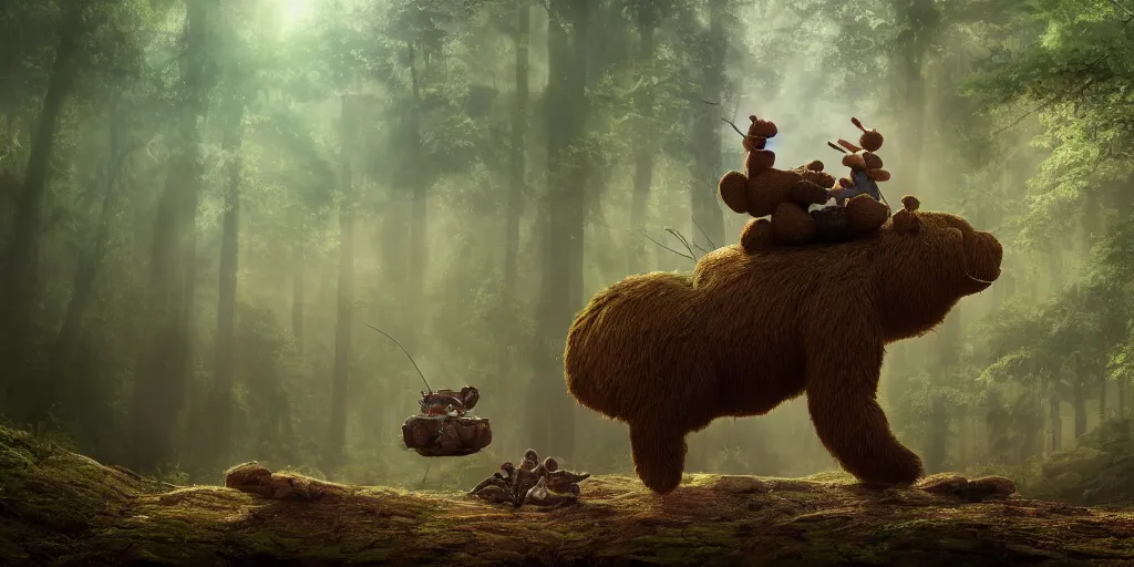 Image similar to a giant ant is riding a giant teddy bear in a forest, moody, cinematic light, matte painting, concept art, highly detailed, fantasy art, 8k