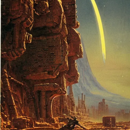 Prompt: sardaukar warrior in mars ancient ruins, vintage sci - fi art, by bruce pennington