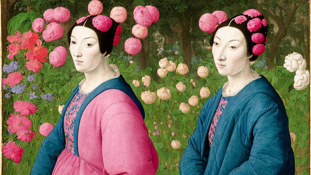 Prompt: portrait of a Spanish woman with green blue hair, wearing a pink hoodie, fully clothed, standing in a garden full of flowers and trees, intricate details, high detail, in a renaissance style, super-flat, in the style of Jean Auguste Dominique Ingres, James Jean, punk, Asian art,