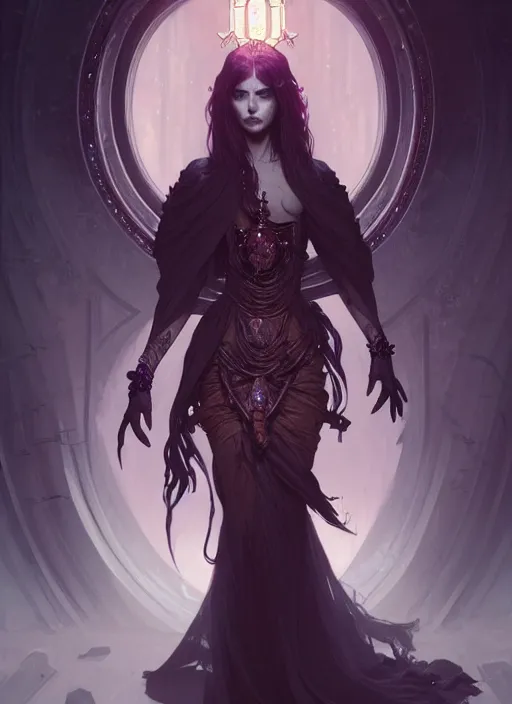 Image similar to a beautiful cinematic female Necromancer Sorceress, fantasy magic, undercut hairstyle, dark light night, intricate, elegant, sharp focus, illustration, highly detailed, digital painting, concept art, matte, art by WLOP and Artgerm and Greg Rutkowski and Alphonse Mucha, masterpiece