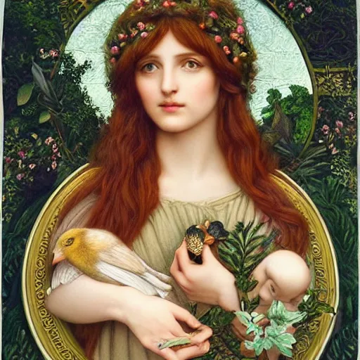 Prompt: Beautiful Pre-Raphaelite goddess of nature holding a little bird, in the style of John William Godward and Anna Dittman, close-up portrait, porcelain skin, head in focus, sacred mandala halo, flowers and plants, etheric, moody, intricate, mystical,