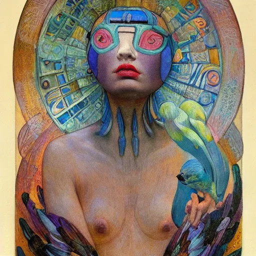 Image similar to the dawn queen with her bird mask, by annie swynnerton and diego rivera and elihu vedder, symbolist, dramatic lighting, elaborate geometric ornament, art brut, soft cool colors, smooth, sharp focus, extremely detailed, leo and diane dillon