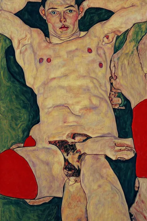 Image similar to portrait of russian athlete young man posing in his grandparents living room, 1987, egon schiele