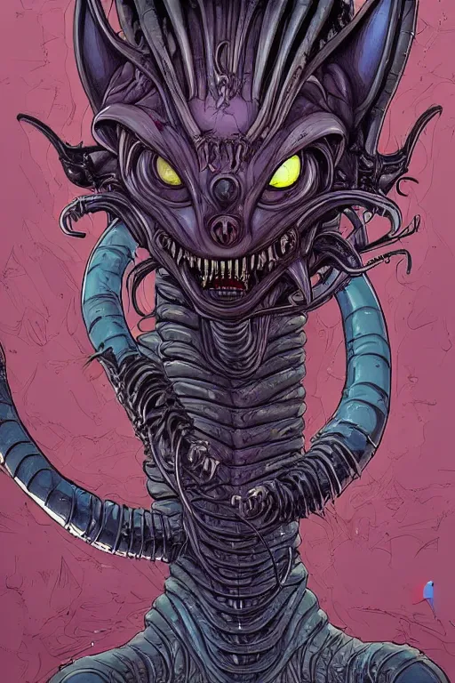 Prompt: a study of cell shaded portrait of a cat xenomorph, llustration, post grunge, evil vibe, concept art by josan gonzales and wlop, by james jean, Victo ngai, David Rubín, Mike Mignola, Laurie Greasley, highly detailed, sharp focus, alien, Trending on Artstation, HQ, deviantart, art by artgem