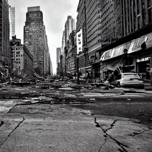 Image similar to photo of abandoned destroyed New York city street at night after the war between humans and AIs, film grain, soft vignette, Canon EOS Digital Rebel XTi, 100-300mm Canon f/5.6, Exposure time: 1/160, ISO 400