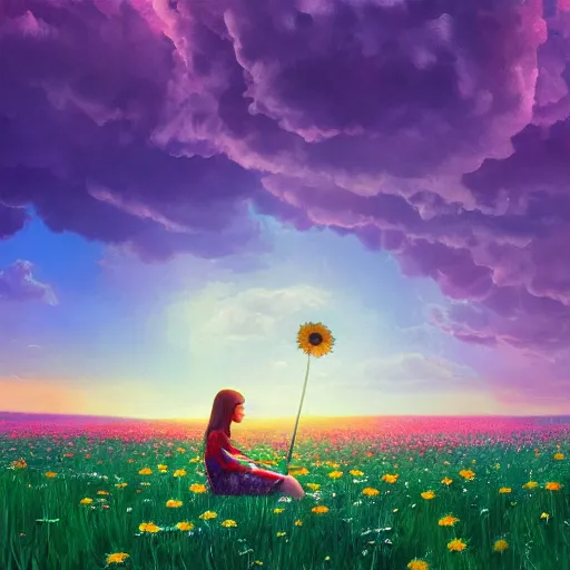 Image similar to giant daisies flower as head, girl sitting in a flower field, surreal photography, sunrise, dramatic light, impressionist painting, colorful clouds, digital painting, artstation, simon stalenhag