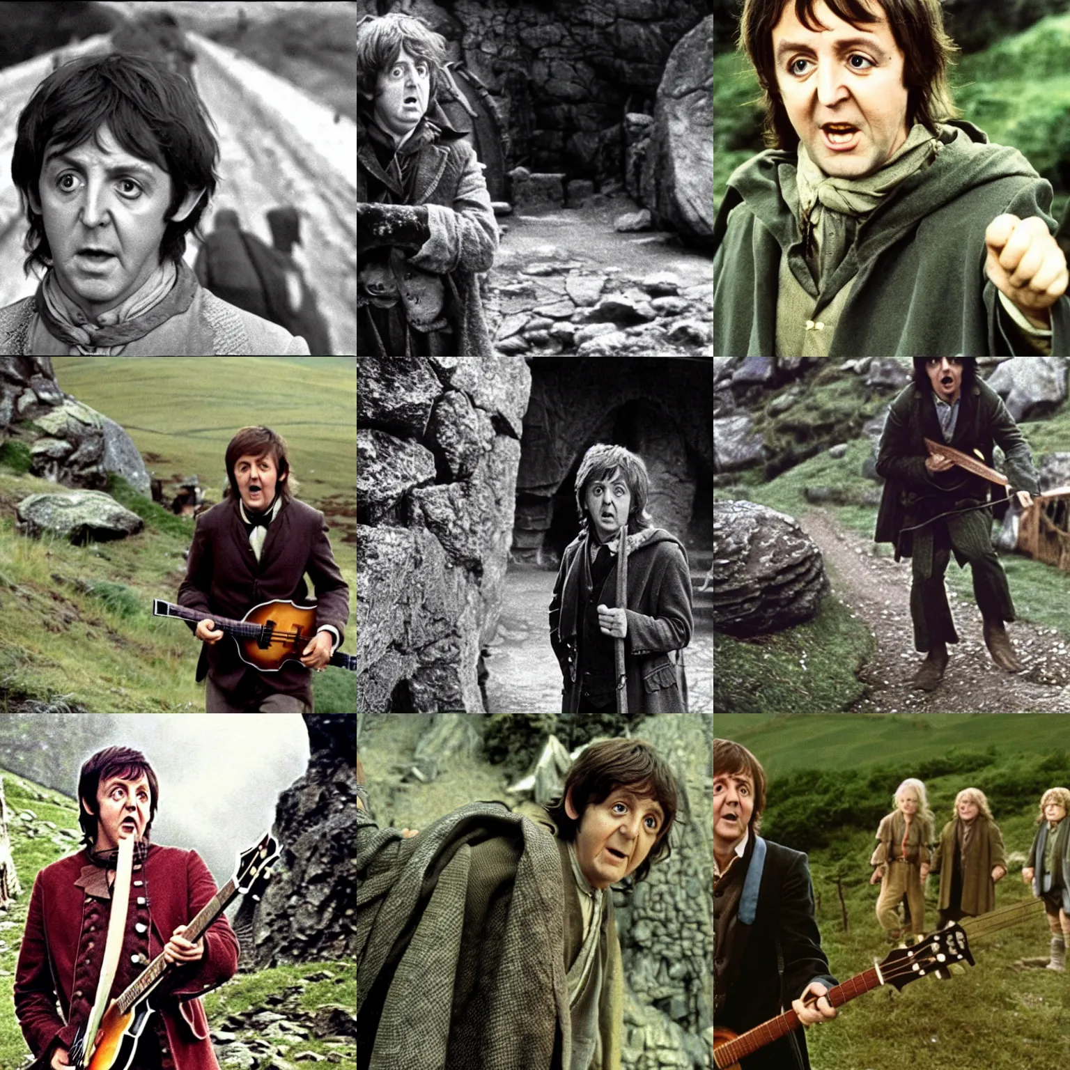 Prompt: A still of Paul McCartney as a hobbit in The Lord of the Rings, Stanley Kubrick directed, 1967