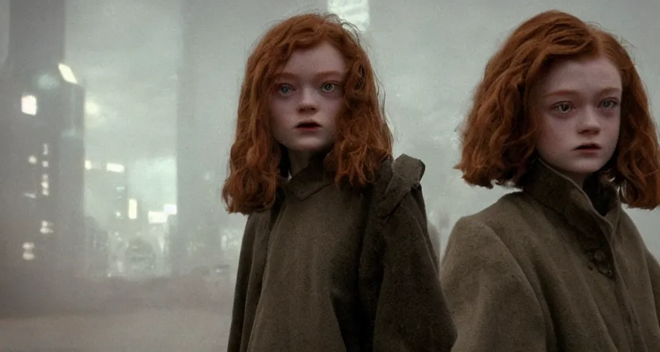 Image similar to sadie sink with very short hair in oversized man's coat : a still from a scifi dystopian cyberpunk film from 1 9 8 0 s. by steven spielberg, robert zemeckis, francis ford coppola, james cameron. 6 5 mm low grain film stock. sharp focus, realistic facial expression, perfect anatomy, global illumination, radiant light, detailed and intricate environment, trending on artstation