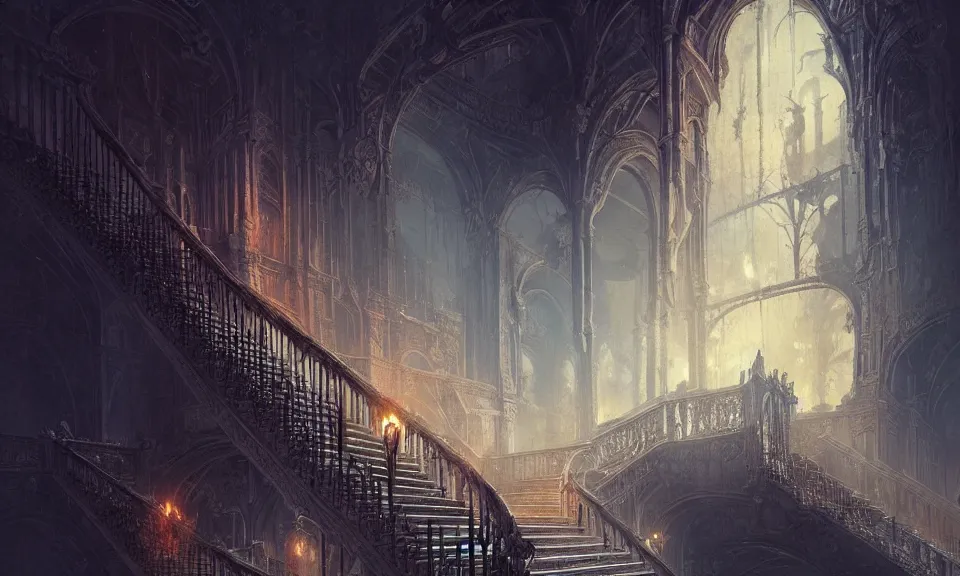 Image similar to stairs from hell to heaven, flames, heavens, beautiful, intricate detail, intricate, epic, vast, digital painting by greg rutkowski, artstation, very detailed, cinematic lighting, concept art