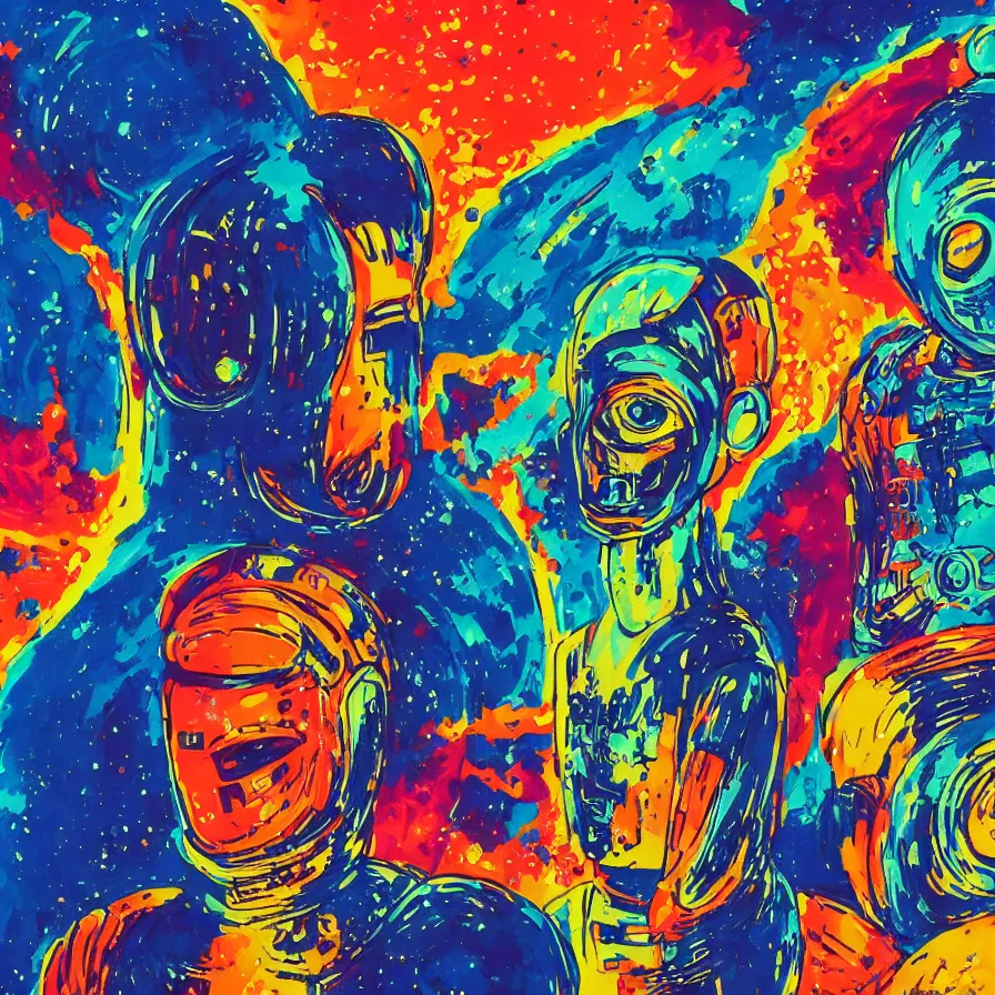 Image similar to an alien king and an astronaut talking face to face, overdetailed art, colorful, record jacket design