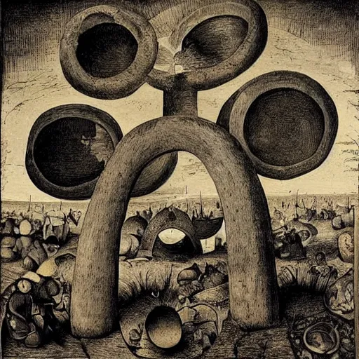 Prompt: A land art. A rip in spacetime. Did this device in his hand open a portal to another dimension or reality?! lithograph, illuminated codex gilded by Ken Kelly, by Pieter Bruegel the Elder hyperdetailed, loose