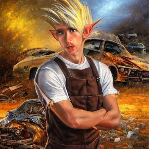 Image similar to a skinny elf with spiky blonde hair wearing dark brown overalls and holding dynamite standing next to a destroyed car, painting by Mark Arian