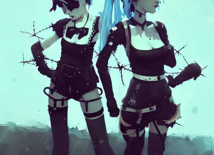 Image similar to two cute goth maiden girls with crown of thorns and white short hairs, dressed in leather belts, warhammer, cyberpunk, by atey ghailan, by greg rutkowski, by greg tocchini, by james gilleard, by joe gb fenton, by kaethe butcher, dynamic lighting, gradient light blue, brown, blonde cream and white color in scheme, grunge aesthetic