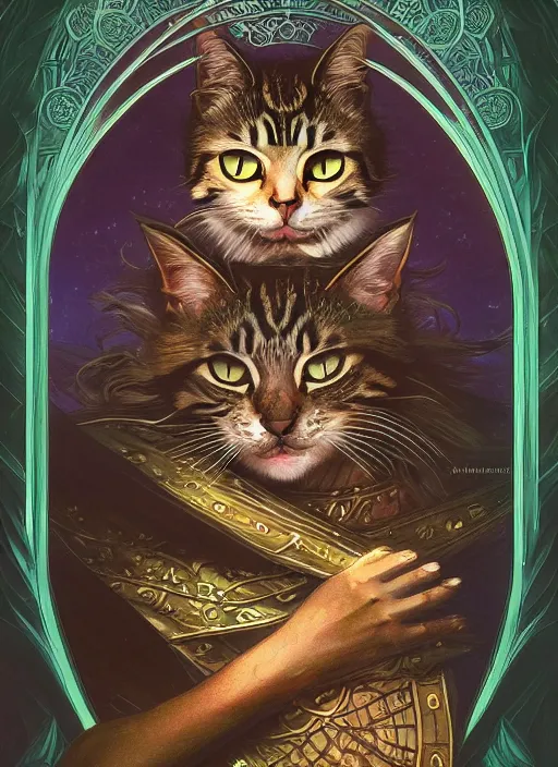 Image similar to photography of a cat tarot card, deep focus, d & d, fantasy, intricate, elegant, highly detailed, digital painting, artstation, concept art, matte, sharp focus, illustration, hearthstone, magic the gathering, art by artgerm and greg rutkowski and alphonse mucha