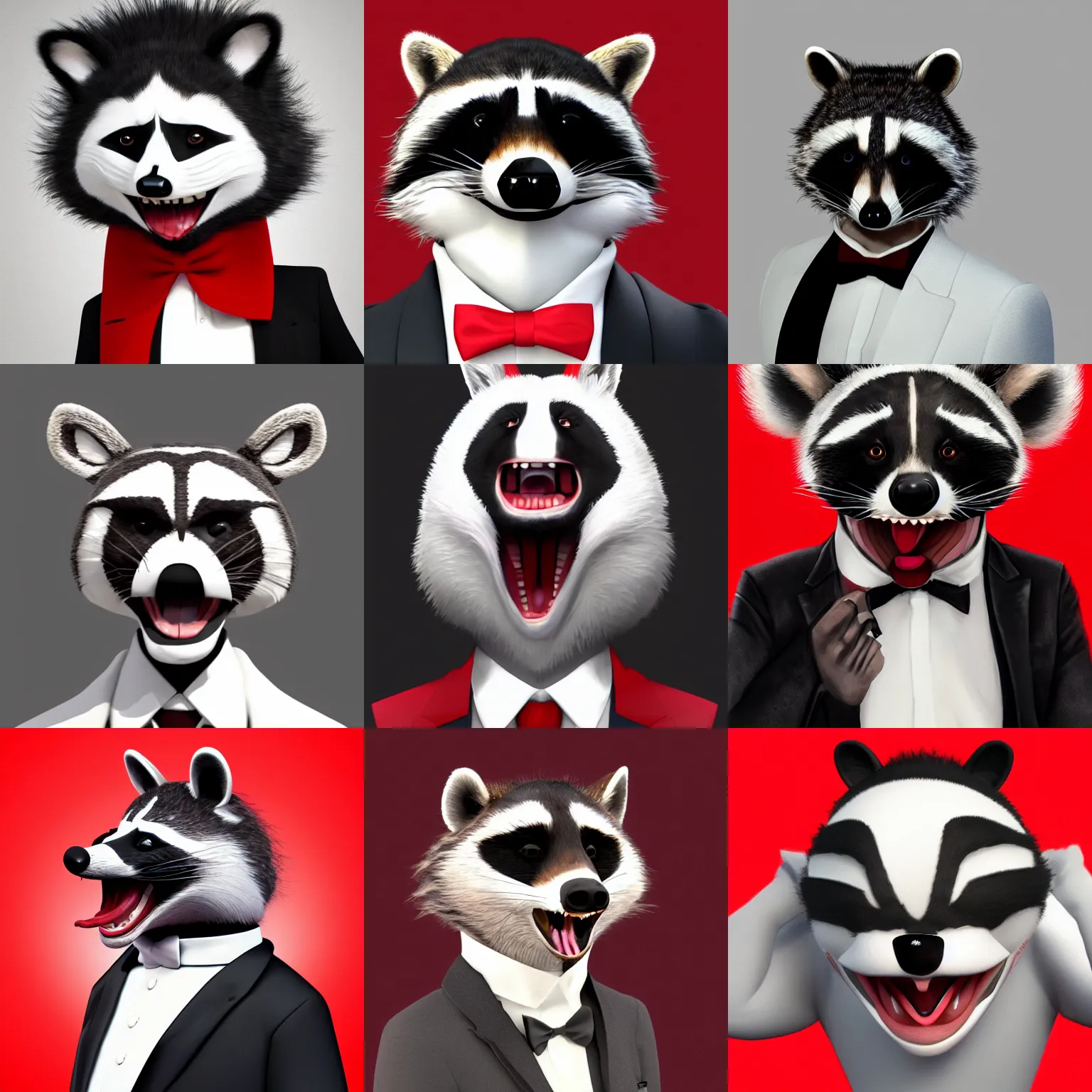 Prompt: A person with a raccoon head, tongue sticking out, neck visible, mouth closed, wearing a white tuxedo, artstation, red background