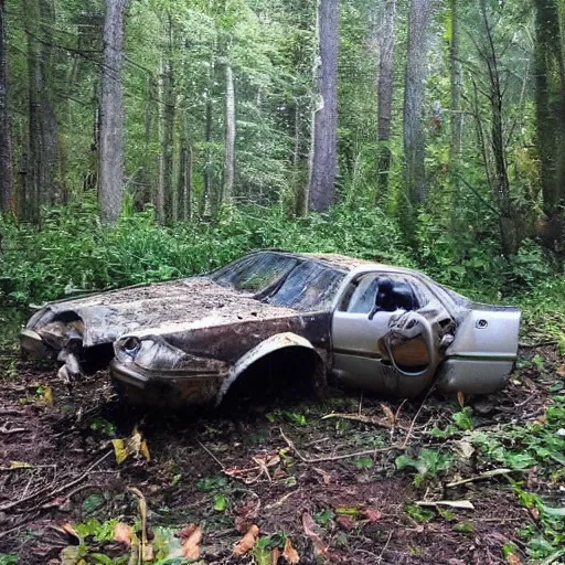 Prompt: a creature in the woods in the night destroying an abandoned car, quality of google parti