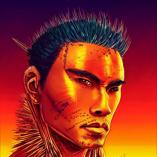 Image similar to portrait painting of a maori street samurai with spiky red hair, cyberpunk, glitchwave, vaporwave, sharp focus, award - winning, trending on artstation, masterpiece, highly detailed, intricate. art by josan gonzales and moebius