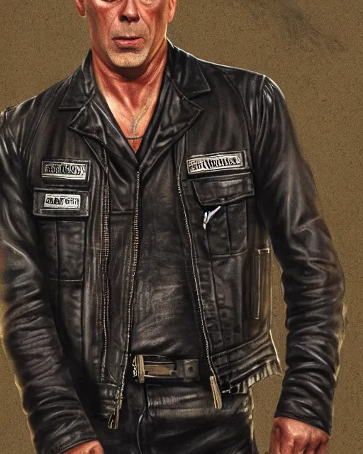 Prompt: Bruce Willis in sons of anarchy tv show, wearing samcrow leather jacket, D&D style , highly detailed, digital art, trending on artstation, smooth, sharp focus, illustration, art by artgem and ROBERT HYNES