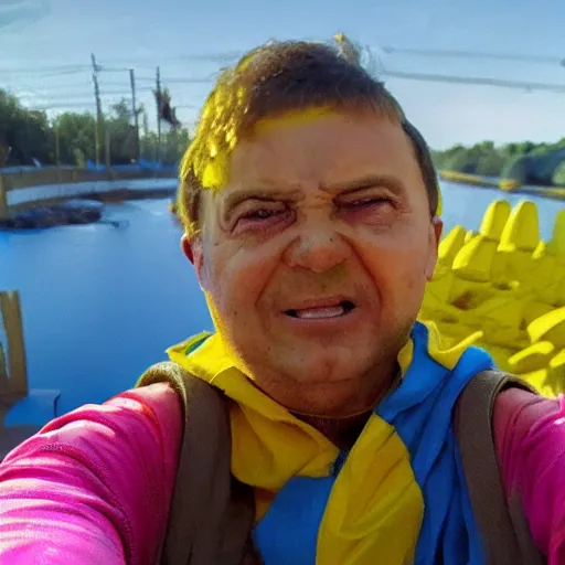 Prompt: 2 0 2 2 last selfie of last alive of frightened funny ukrainian in yellow and blue clothes, trying to escape, badly injured from radiation to bones from a huge nuclear explosion at background, dead bodies everywhere