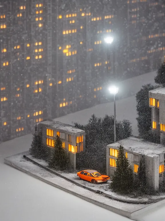 Prompt: 8 0 mm detailed isometric diorama a soviet residential building, brutalism architecture, lights are on in the windows, old soviet car parking nearby, sad man in winter jacket passing by, dark night, cozy and peaceful atmosphere, fog, cold winter, blizzard, streetlamps with orange light, several birches nearby