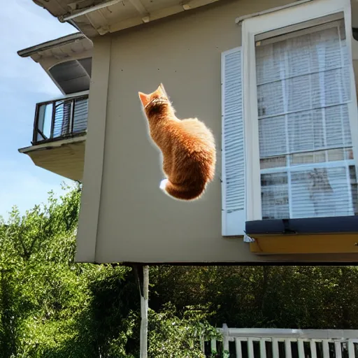 Prompt: cat flying over house