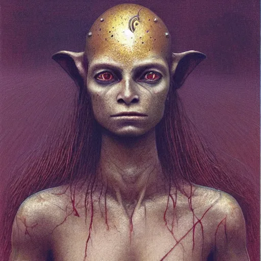 Prompt: portrait of ethereal young goblin warrior-princess in golden armour by Beksinski