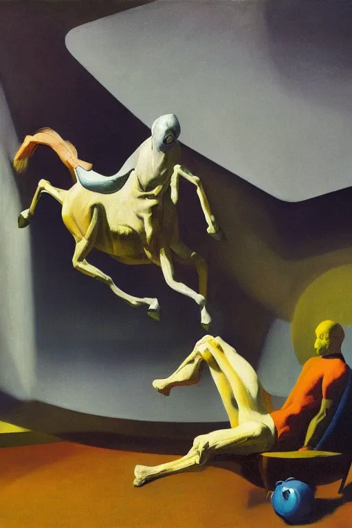 Prompt: a horse sits on a lying astronaut, hauntingly surreal, highly detailed painting by francis bacon, edward hopper, adrian ghenie, gerhard richter, and james jean soft light 4 k,