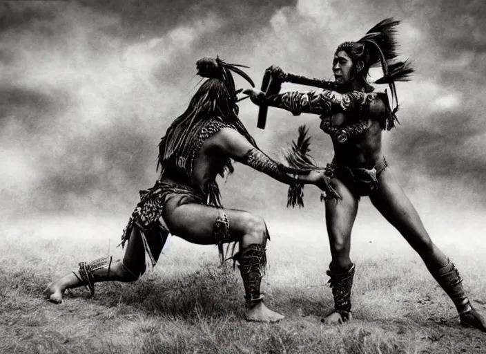 Image similar to movie, ancient Battlefield, two beautiful aztec warrior females fight, epic ,old photo, vintage, black and white, Boris vallejo, sepia, apocalypto