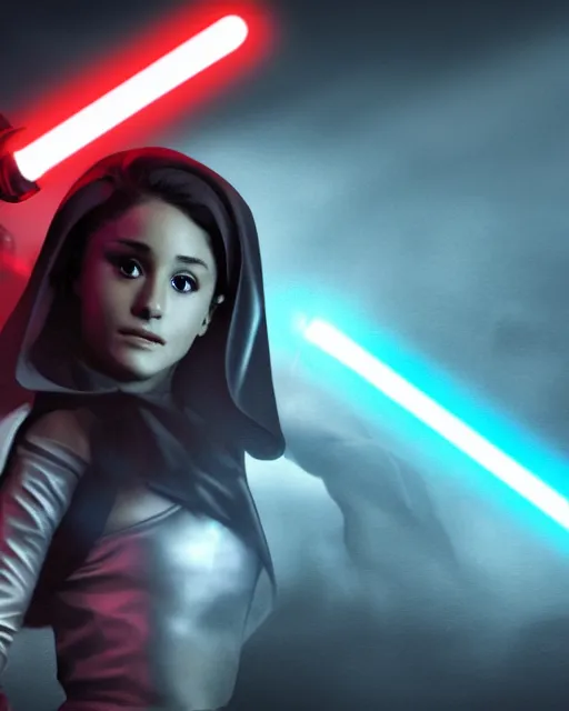 Image similar to Award winning photo of Ariana Grande as a sith lord igniting her light saber, Star Wars concept art by Colin Cantwell, Sith Lord. Dramatic Lighting, Cinematic Lighting, Artstation, volumetric fog, action photography, hyper-realistic, 8K resolution, 4K resolution