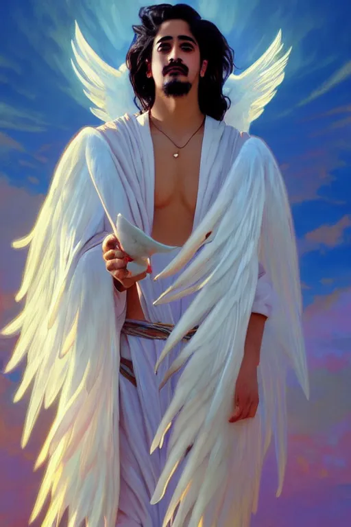 Prompt: close up portrait, avan jogia as an angel flying, white feathers, flowing robes, handsome, ocean background, alphonse mucha, rhads, ross tran, artstation, artgerm, octane render, 1 6 k