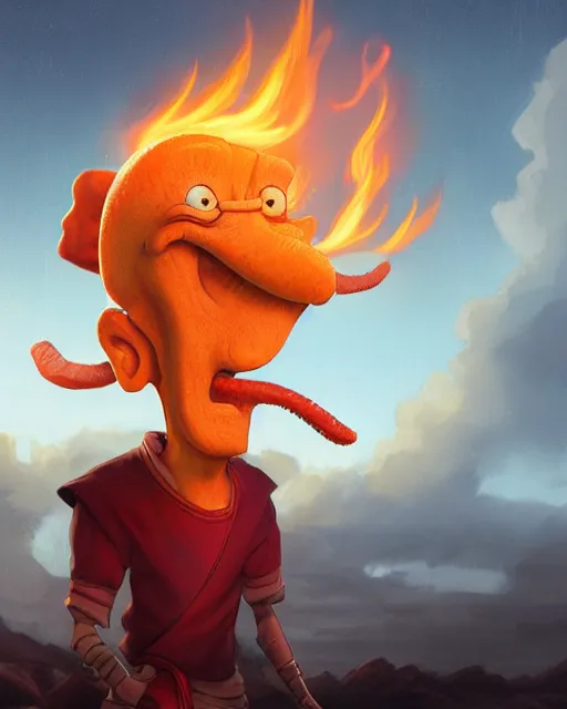 Image similar to wide shot, detailed photorealistic cartoony face, squidward, wearing fire nation clothing and practicing firebending outside at susnset, [ greg rutkowski ]